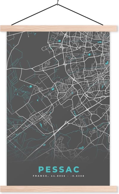Posterhanger incl. Poster 40x60 cm - Schoolplaat - Pessac - Frankrijk - Stadskaart - Kaart - Plattegrond - Textielposter - Blanke latten - Stadskaart