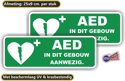 Jerma - AED in dit gebouw - Aanwezig – Sticker - 2 St - 25x9 cm – Weerbestendig - Zelfklevend - Vinyl