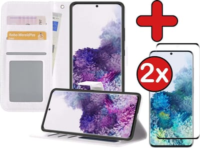 Hoesje - Met 2x Screenprotector - Geschikt voor Samsung Galaxy S20 - Luxe Pasjeshouder - Flip Case - Bookcase Portemonee - Kunstleer Book Case - Flipcase Hoes - Book Cover - Walletcase - Portemonneehoes - Telefoonhoes - Wit