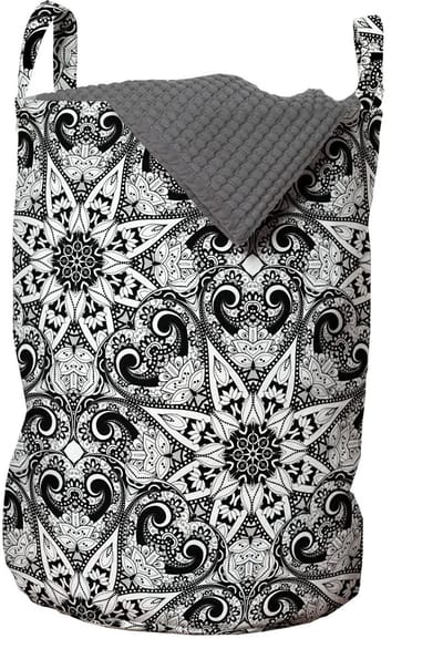 ABAKUHAUS Mandala-waszak, Oostaziatisch patroon, wasmand met draaggrepen, koordsluiting, voor wasserettes, 33 cm breed x 49 cm hoog, zwart-wit