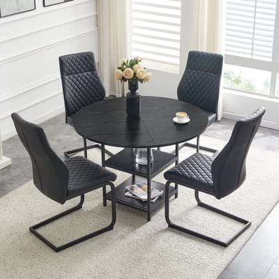 STILVORA Eetkamerset - Ronde Tafel Met Dubbel Opbergrek En 4 Stoelen - Voor Eethoek En Appartement - Hout Metaal - Zwart - 107x75 Cm