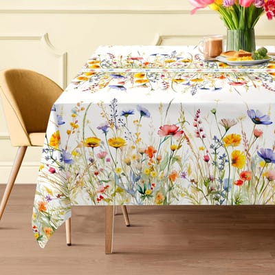 Rechthoekig Lente Waterverf Bloemen Tafelkleed Machine Polyester Tafelhoes met Levendige Bloemen, Past op Standaard Eettafel 145X180CM