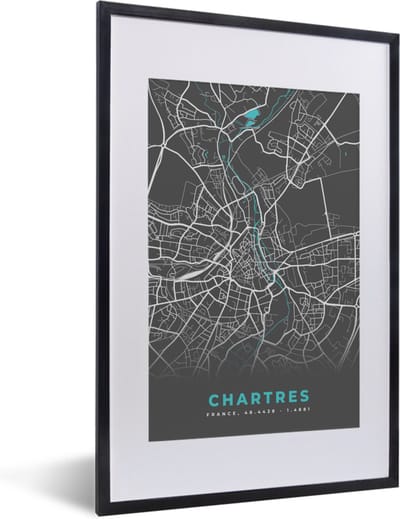 Fotolijst incl. Poster - Chartres - Plattegrond - Kaart - Stadskaart - Frankrijk - 40x60 cm - Posterlijst