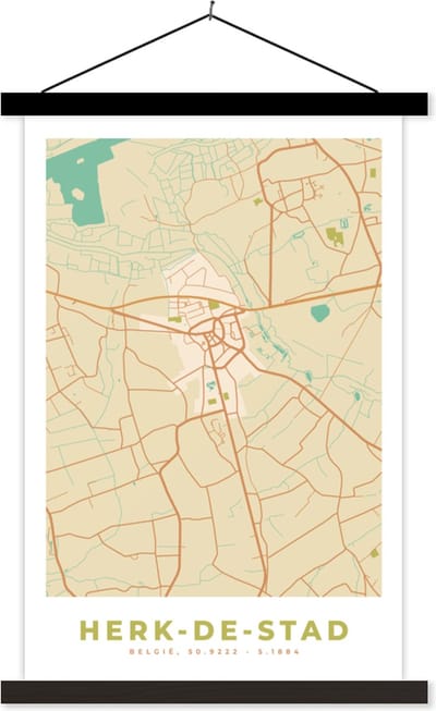 Posterhanger incl. Poster 40x60 cm - Schoolplaat - Plattegrond - Stadskaart - Herk-de-Stad - België - Kaart - Textielposter - Zwarte latten - Stadskaart