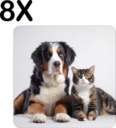 Luxe Placemat - Hond en Kat met Witte Achtergrond - Set van 8 Placemats - 50x50 cm - 2 mm dik Vinyl - Anti Slip - Afneembaar