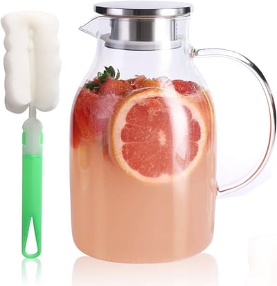 Grote glazen waterkruik met roestvrijstalen deksel en uitloop - Hittebestendige borosilicaatglas voor zonnethee, limonade, sap en warme dranken