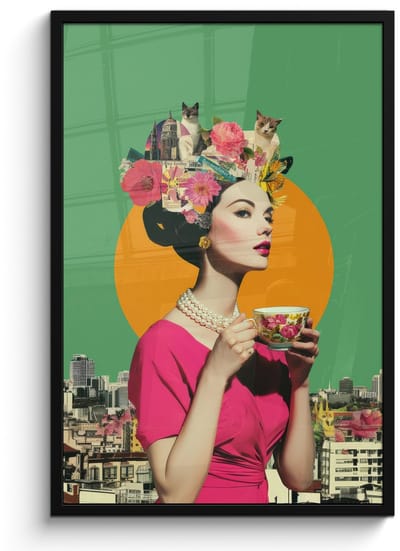 Poster in lijst - Fotolijst 60x90 cm - Posters - Retro - Vrouw - Stad - Zon - Posterlijst zwart - Decoratie - Wanddecoratie woonkamer - Muurdecoratie slaapkamer