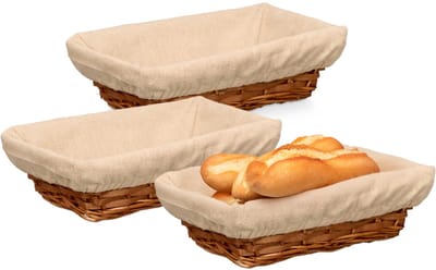 Kipit Broodmandje met stof - 3x - riet/canvas - bruin - 28 x 18 x 8 cm - landelijke stijl - Broodjes serveren