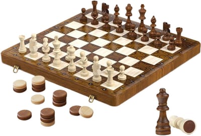 Houten Schaken Spel - Schaakbord Dammen - Reizen en Thuis - Magnetisch en Inklapbaar - 40 x 20 cm - Houtkleur