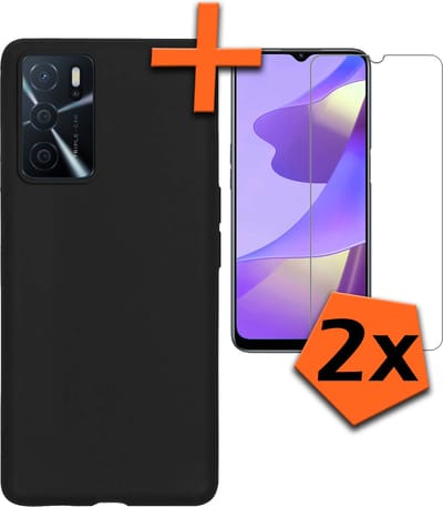 Hoes - Met 2x Screenprotector - Geschikt voor OPPO A16 - Sterk & Shockproof - Back Cover - Siliconen Case - Telefoon Hoes - Zwart