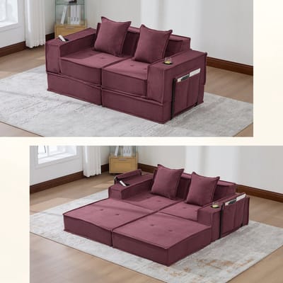 DESMIU Slaapbank 162 x 78 x 66 Cm - 2 Zits Met 2 Kussens, Zijvakken En Bekerhouders - Voor Leeshoek En Speelkamer - Corduroy Wijnrood