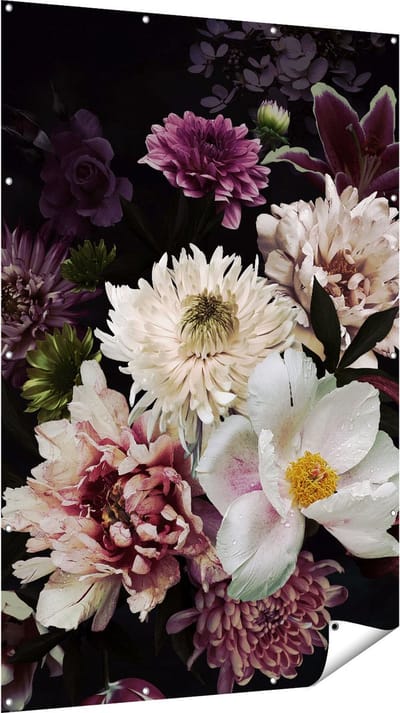 Gards Tuinposter Diverse Bloemen op Zwart Achtergrond - 120x180 cm - Tuindoek - Tuindecoratie - Wanddecoratie buiten - Tuinschilderij
