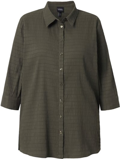 Ulla Popken - Dames - Blouse bubble-kwaliteit overhemdkraag 3/4-mouwen - Olijfgrijs - Maat 42+
