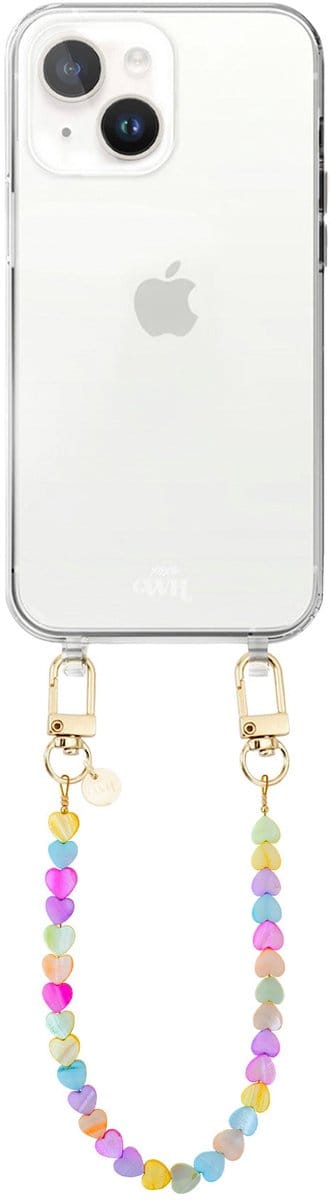 xoxo Wildhearts siliconen hoesje - Geschikt voor iPhone 15 Plus hoesje - Shell Hearts (short) - Telefoonhoesje - Hoesje met koord - gekleurde hartjes - Kort koord - Transparant hoesje met telefoonkoord - Regenboog / Meerkleurig