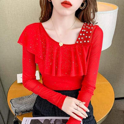 Nieuwe Lente Mesh Tops met Lange Mouwen en Ruche Onregelmatige Kraag Pullover Basis T-shirt 3XL