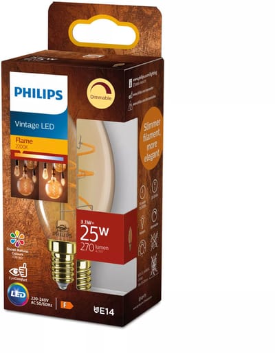 Philips Vintage LED - Dimbare lamp - 25W - Extra warmwit licht: 2200K - E14 fitting - Amberkleurig glas - Kaarslamp