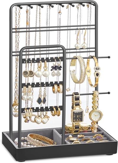 Famanu – Sieradenstandaard met metalen frame en fluwelen lade voor sieradenopslag, ideaal voor kettingen, armbanden en ringen