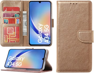 Samsung Galaxy A34 hoesje - Bookcase met pasjeshouder - Goud