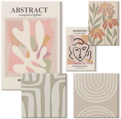 Wallfluent Set van canvas schilderijen - Stijlvolle abstracte composities met plantenmotieven Canvas Schilderijen Set - Set van 5 Canvas Schilderijen - Roze Set van Canvas Prints - Abstractie Canvas Kunst Set - Boheemse Canvas Kunst Set