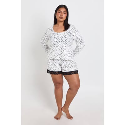 boohoo Dames Plus Maat Pyjama Set Met Polkadots, Lange Mouwen En Korte Broek | Zwart Wit | Maat: 44