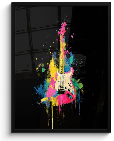Poster in lijst - Fotolijst 60x80 cm - Posters - Gitaar - Kleurrijk - Verf - Posterlijst zwart - Decoratie - Wanddecoratie woonkamer - Muurdecoratie slaapkamer