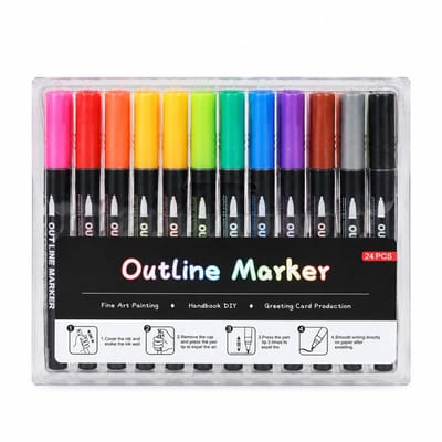 Contourmarkers - 24 kleuren, versie C - Metallic glanseffect met dubbele lijnen - Voor creatieve DIY-projecten - Verpakking met onderbak