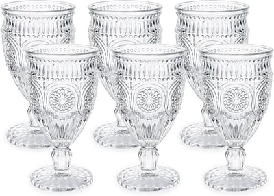 Vintage Drinkglazen – Set van 6 × 300 ml – 10 oz Water- & Wijnglazen – Romantisch Reliëfdesign