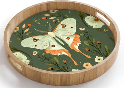 Dienblad rond 40x40 cm - Schootdienblad hout - Bloemen - Bladeren - Olijfgroen - Vlinder - Borrelplank rechthoek - Plateau houten dienbladen