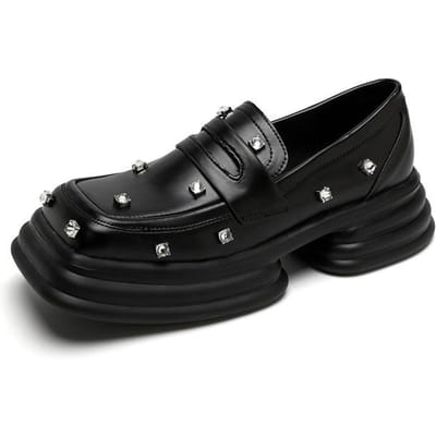 Lente Nieuwe Met Diamanten Ingelegde Vierkante Neus Mode Kleine Leren Schoenen Dames Brits Retro Dikke Zool Verhoogde Enkele Schoenen Loafers 40 black