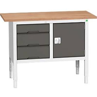 Bott verso box-type werkbank, multiplex legbord, 3 laden & 1 deur, B 1250 x D 600 x H 830 - 930 mm, RAL 7035 lichtgrijs / antracietgrijs
