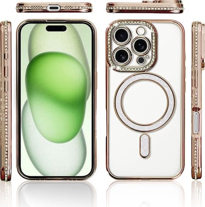 Hoesje Geschikt voor iPhone 15 Magsafe hoes Lens beschermer Goud – Luxe bling sprankelende diamant backcover
