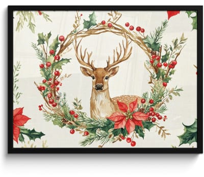 Poster in lijst - Fotolijst 80x60 cm - Posters - Kerstkrans - Hert - Hulst - Rood - Posterlijst zwart - Decoratie - Wanddecoratie woonkamer - Muurdecoratie slaapkamer - Kerstversiering - Kerstdecoratie voor binnen - Kerstmis