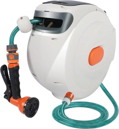 Automatische Tuinslanghaspel 10 Meter met 8 Sproeistanden en 180° Draaibare Wandhouder