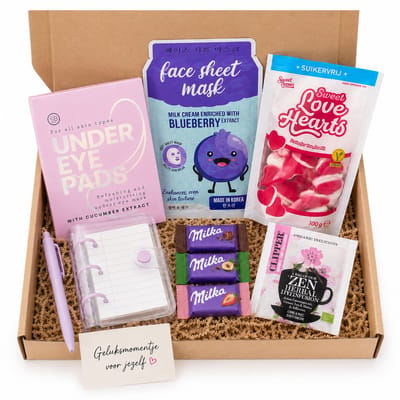 Brievenbuscadeau voor Haar - Geluksmomentje voor Jezelf – Selfcare Cadeaubox met Gezichtsmasker, Skin Care, Thee, Chocolade & Notitieboekje