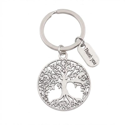 Zilverkleurige metalen sleutelhanger met levensboom hanger en sleutelring voor heren en dames ronde hanger met opengewerkt boom ontwerp inclusief kleine tekst hanger thank you stijlvol en symbolisch accessoire