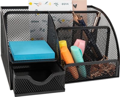 QUVIO Bureau organizer / Bureau accessoires / Bureau organizer pennenbak / Desk organizer / Pennenbak / Pennenbakje / Pennenhouder / Cleandesk - 6 vakken - Staal