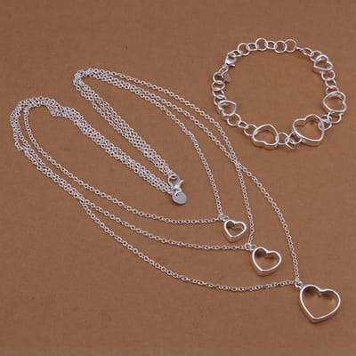 Europese Stijl Hol Hartvormig Hanger Ketting Armband Mode Dames Sieradenset zilver