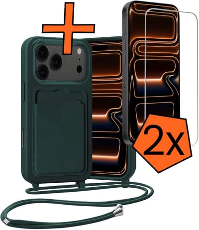 Hoesje Geschikt voor iPhone 17 Pro / 18 Pro Hoesje Met Telefoonketting Pasjeshouder Case Met 2x Screenprotector Koord - Hoesje Geschikt voor iPhone 17 Pro / 18 Pro Hoes Met Kaarthouder - Donkergroen