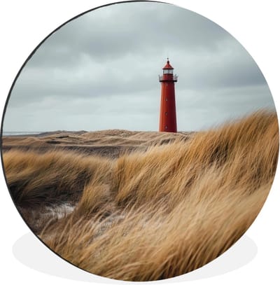 WallCircle - Wandcirkel - Muurcirkel - Duinen - Vuurtoren - Rood - Lucht - Aluminium - Dibond - 30x30 cm - Binnen en Buiten