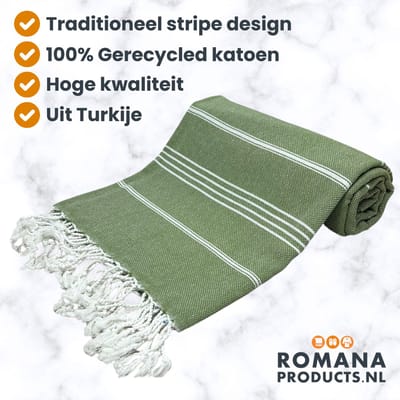 Romana Products Stripe Hamamdoek - Baddoek - Strandlaken - Saunalaken - 100cm x 180cm - Olijf Groen