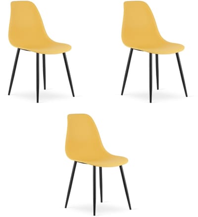 Set van 3 Stoelen WAT – Mosterdgeel, Zwarte Metalen Poten, Kunststof Zitting – Modern en Ergonomisch – Geschikt voor Eetkamer, Woonkamer, Keuken, Thuiswerkplek, Kantine en Wachtruimte – Eenvoudige Montage