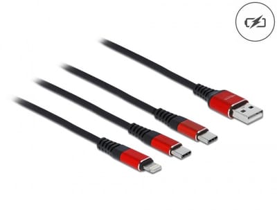 Delock USB Charging Cable 3 in 1 Type-A to Lightning™ / 2 x USB Type-C™ 1 m black / red
