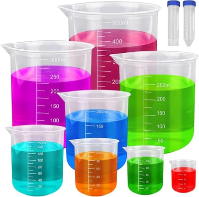 Maatbekerset, laboratoriummaatbekers 25/50/100/150/200/250/300/500 ml, kunststof maatbekers met 2 centrifugebuizen voor dagelijkse doe-het-zelf laboratoriummetingen mengbekers