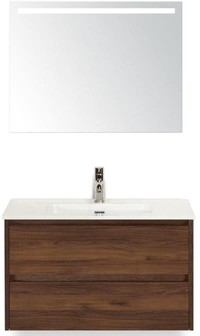 Dante Badmeubelset 80 cm - Walnoot - Keramische Wastafel Wit Cover met Sence Spiegel