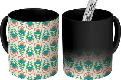 Magische Mok - Foto op Warmte Mokken - Koffiemok - Retro - Bloemen - Design - Groen - Oranje - Magic Mok - Beker - 350 ML - Theemok