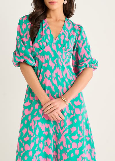 Groene midi-jurk met V-hals en dierenprint