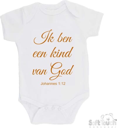 100% katoenen Romper "Ik ben een kind van God Johannes 1:12" Unisex Katoen Wit/tan Maat 56/62