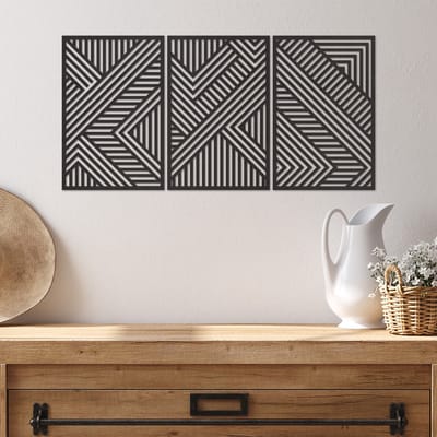 Geometrische Wanddecoratie - Geometrische Panelen Lijnen Vormen 3 Delen - Geometrische NAAM - Muurdecoratie Hout - Wanddecoratie Hout - Muurdecoratie Woonkamer - Wanddecoratie Woonkamer - Wanddecoratie 3 Luik - 86.5 x 43 cm
