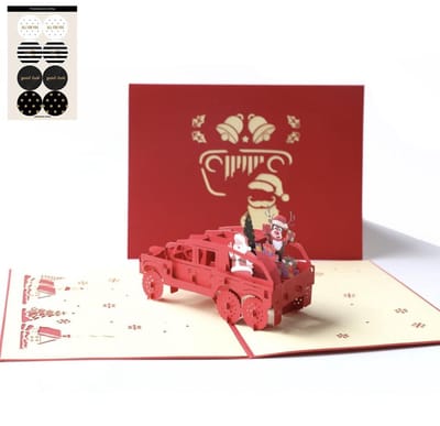 3D popup Kerstkaart Kerstman in de Jeep met rendier Pop-up wenskaart  Incl. Envelop & 8 Feestelijke sluitzegels - Complete set