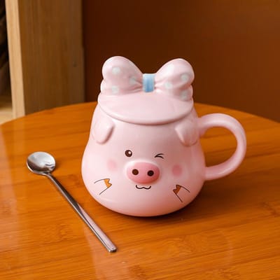 Creatieve Keramische Mok Schattig Varken Roze Meisje Hart Cartoon Kop met Deksel Lepel Waterbeker Ontbijtbeker Koffiekop 401-500ml
